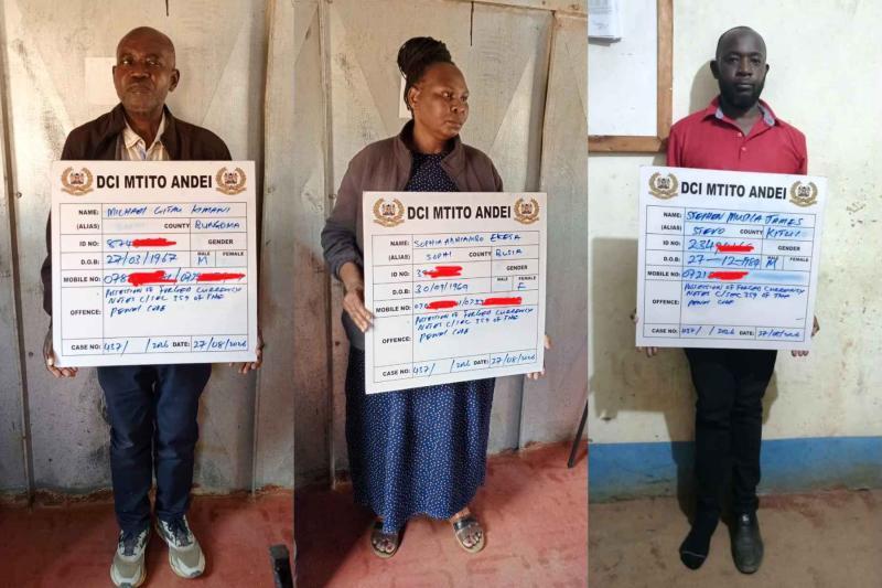 Collage photo of three of the four suspects arrested with counterfeit money in Makueni.